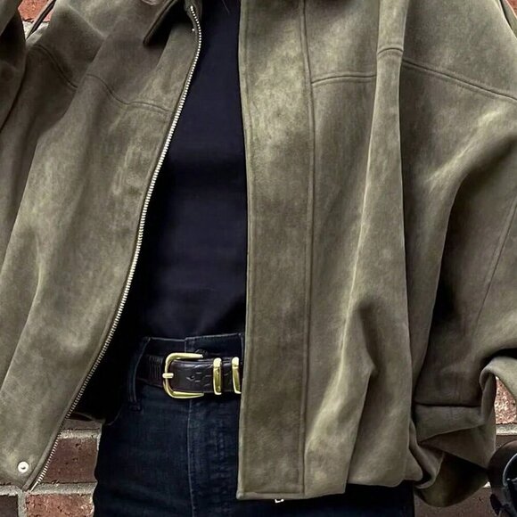 Army Green Casual Women's Loose Long Sleeves Zip up Bomber Coat Jacket - Picture 4 of 6